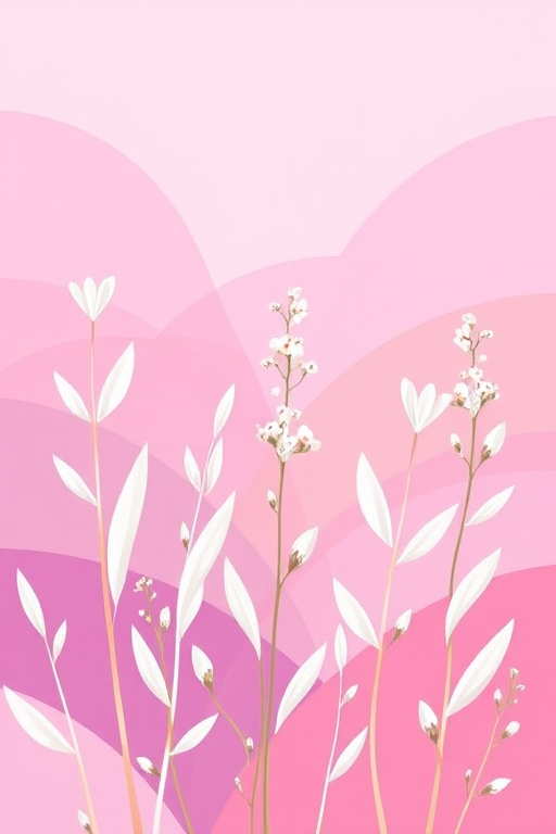 Create a digital illustration of stylized plants with elongated white leaves and small white flowers against a layered gradient background of pink and purple hues, use a 50mm lens, f/2.8 aperture, ISO 100, and a soft-focus technique for a dreamy effect.