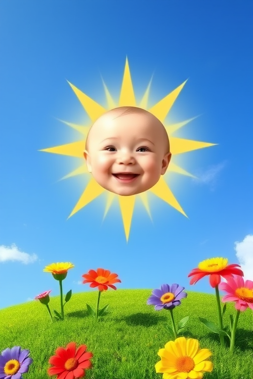 Create an image shows a bright, sun with a smiling baby's face in the center, radiating soft yellow rays. The sun is set against a clear blue sky with a few wispy clouds. Below, there's a lush green grassy hill with colorful, oversized flowers, giving the scene a whimsical, playful atmosphere.