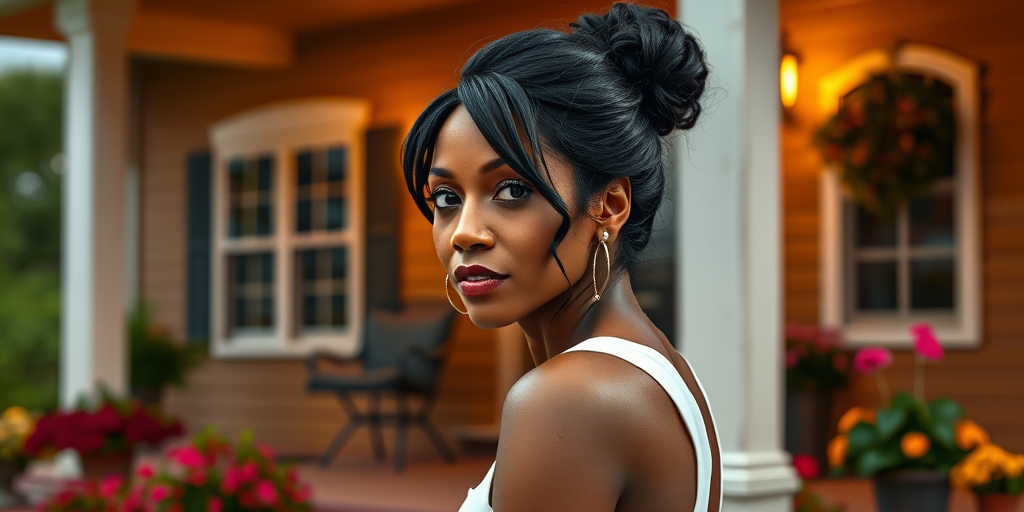 A photo of Angela Bassett with a background of a cozy porch. She has dark hair pulled back in an updo, with tendrils framing her face. She wears a white tank top and sits on the porch. The porch is part of a well-lit home with a warm, earthy tone and colorful flowers and foliage. The overall scene has a warm, welcoming, and comfortable ambiance.