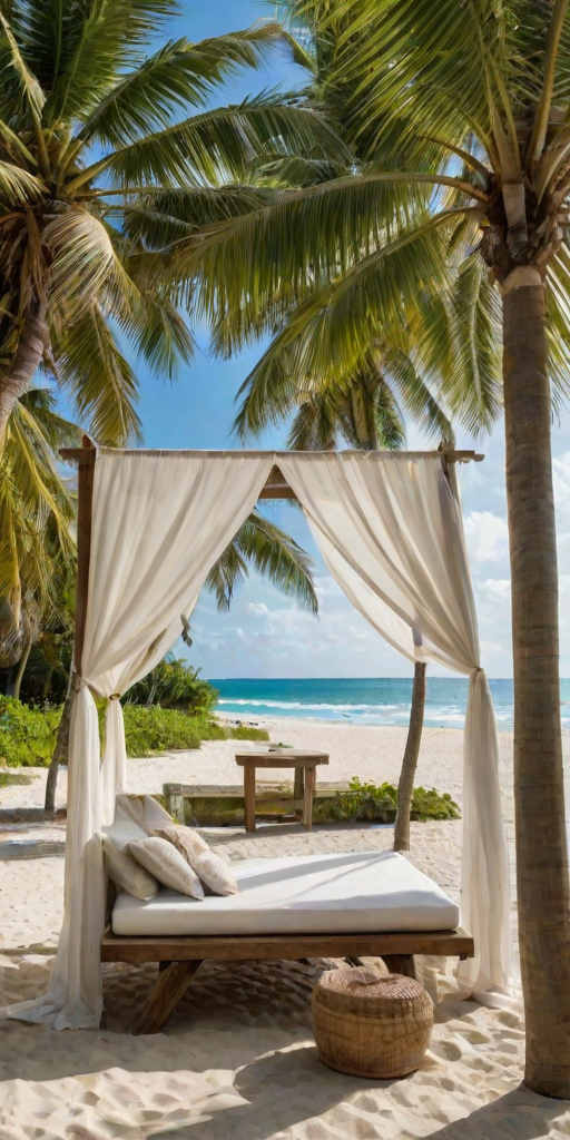 Create a picturesque tropical beach scene featuring a serene, white sandy shore. In the foreground, there's a rustic wooden canopy with white drapes gently flowing in the breeze. Underneath the canopy, a table is set with tropical decor, evoking a sense of relaxation and leisure. The beach extends into a calm, shallow water area with reflections of the sky and surroundings. Palm trees and lush greenery line the edge of the beach, providing a natural, tropical backdrop. The sky is clear with a few scattered clouds, and the overall atmosphere is tranquil and inviting, perfect for a peaceful retreat.