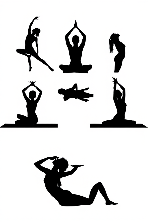 Create a silhouette image of six different yoga poses against a white background, captured with a Canon EOS R5, ISO 100, aperture f/8, 35mm lens, top-down view, high contrast, sharp focus.