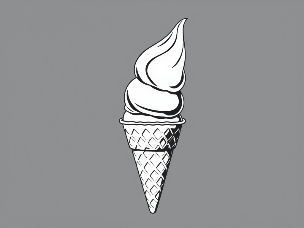 Create an illustration of a three-scoop ice cream cone with a waffle cone in a minimalist black and white style, using a Canon EOS R camera with a 24-70mm lens at f/8, ISO 100, under natural light at a slight top-down angle for sharp details and contrast.