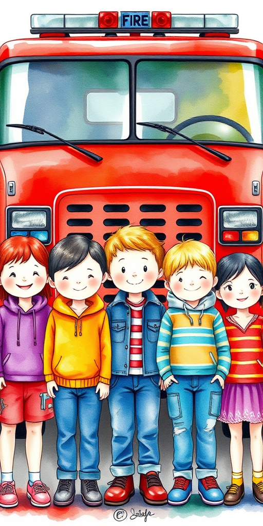Create a vibrant watercolor illustration of a group of cheerful children in front of a bright red fire truck, featuring five kids with diverse hairstyles and outfits, set against a colorful, lightly blurred background, using a DSLR camera with a 50mm lens, f/2.8 aperture, 1/200 sec shutter speed, and ISO 100 to enhance the details and colors.