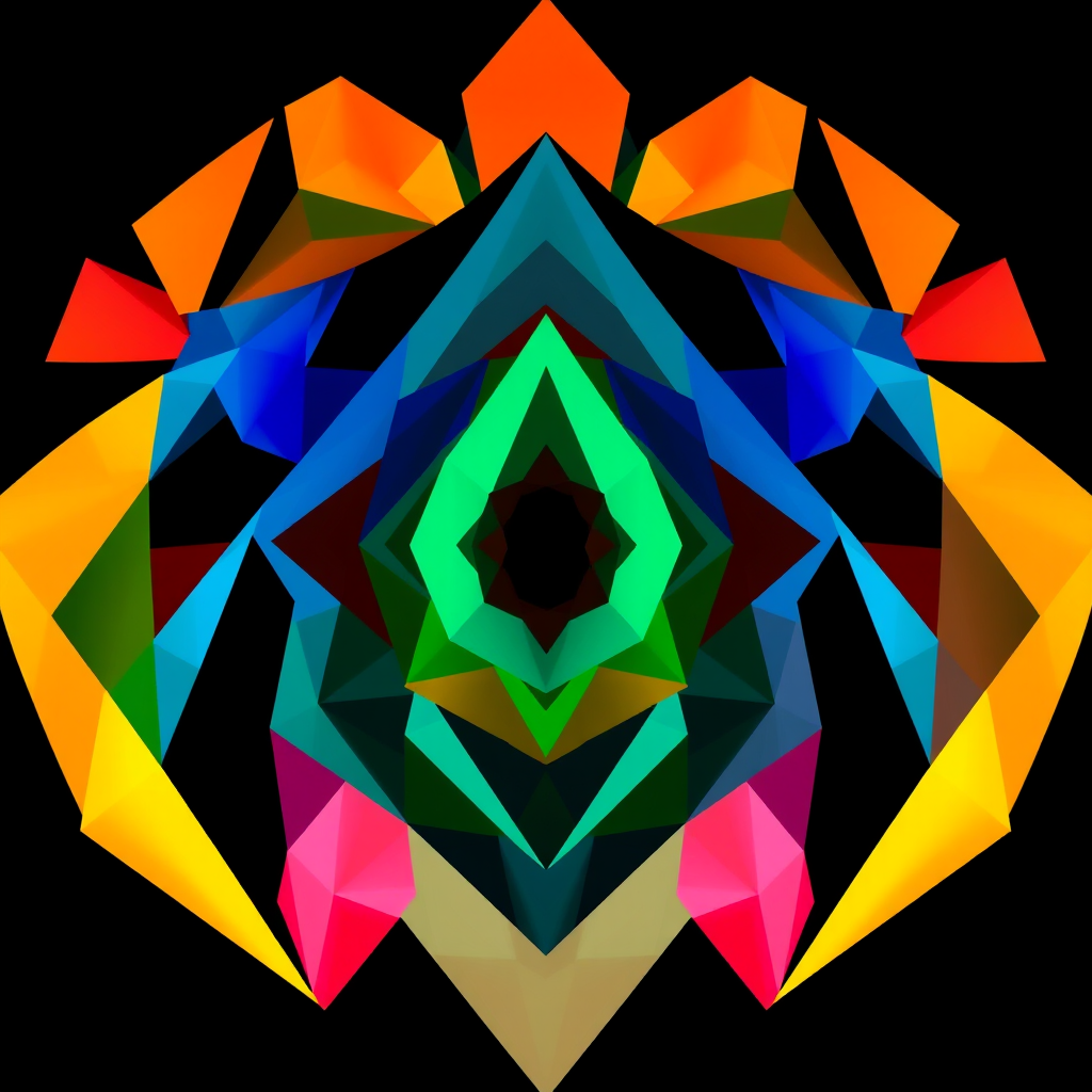 regenerate an abstract geometric artwork with vibrant colors including blue, orange, green, red, pink, and yellow, featuring sharp, defined shapes against a black background, shot with a Canon EOS R5, 35mm lens, f/8 aperture, ISO 100, 1/250 sec shutter speed, high dynamic range, front view, digital art style