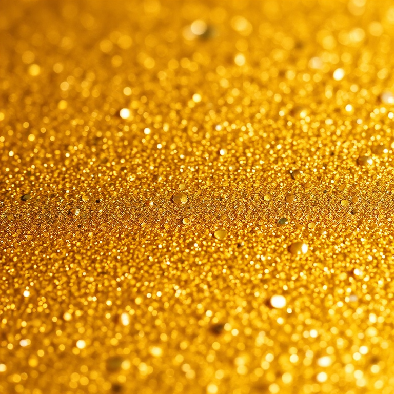 Create a high-resolution image of a glittering gold texture with a macro lens at f/2.8, shutter speed 1/200s, ISO 100, taken from a top-down camera view using a DSLR camera for enhanced detail and clarity.