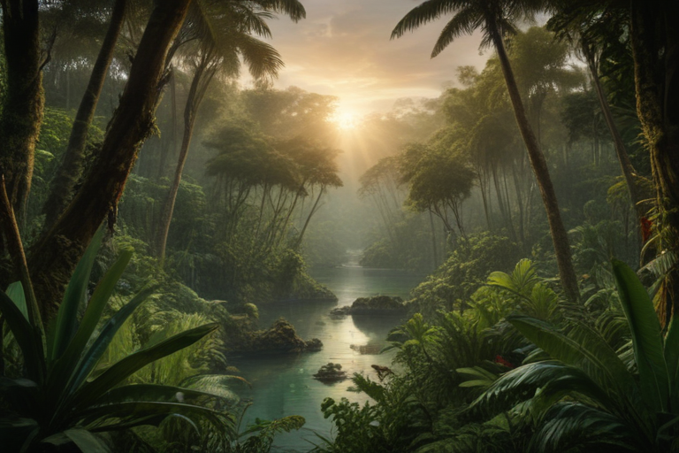 Serene Jungle Landscape at Sunrise with Lush Green Foliage and Tranquil ...