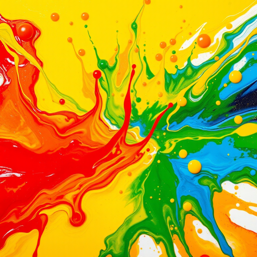 Create a vibrant abstract splash of paint with bright colors like red, yellow, green, blue, and orange, using a DSLR camera, aperture f/8, shutter speed 1/250s, ISO 100, top-down view, high contrast, and enhanced saturation for clarity.