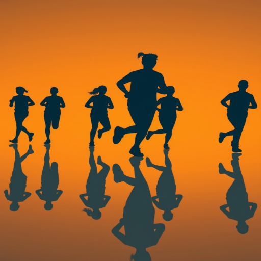 generate a digital illustration of abstract silhouettes of people jogging with reflections on a smooth surface, use a warm orange background, camera settings: f/8 aperture, ISO 100, 50mm lens, camera view: low angle perspective, camera style: minimalistic, camera type: digital art