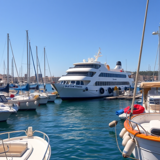 Capture a vibrant marina scene with a ferry named Blue Star Ferries docked in the background, surrounded by various boats, under a clear blue sky, using a DSLR camera with a 24-70mm lens at f/8, ISO 100, shutter speed 1/200 sec, taken from a low angle wide shot for enhanced depth and clarity.