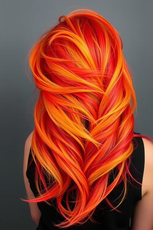 Fiery Phoenix Feathered Layers featuring a bold blend of vibrant red orange and yellow hues styled in wispy textured layers resembling the majestic plumage of a mythical firebird