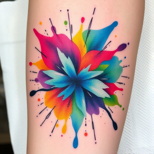 Watercolor splash tattoo titled "Chromatic Explosion" showcasing a burst of vibrant colors blending and overlapping, with fine black linework details adding structure to the abstract design