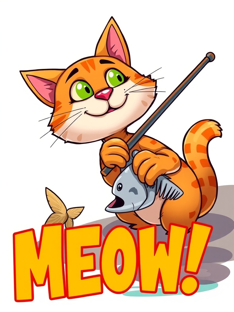 Illustration of a cartoon cat fishing, vibrant colors, the cat has exaggerated features, holding a fishing rod with a fish skeleton nearby, 'MEOW!' in large, bold, yellow letters at the bottom, high-resolution digital art, camera view from slightly above, style similar to vector graphics, using a digital drawing tablet, focus on contrast and clarity.