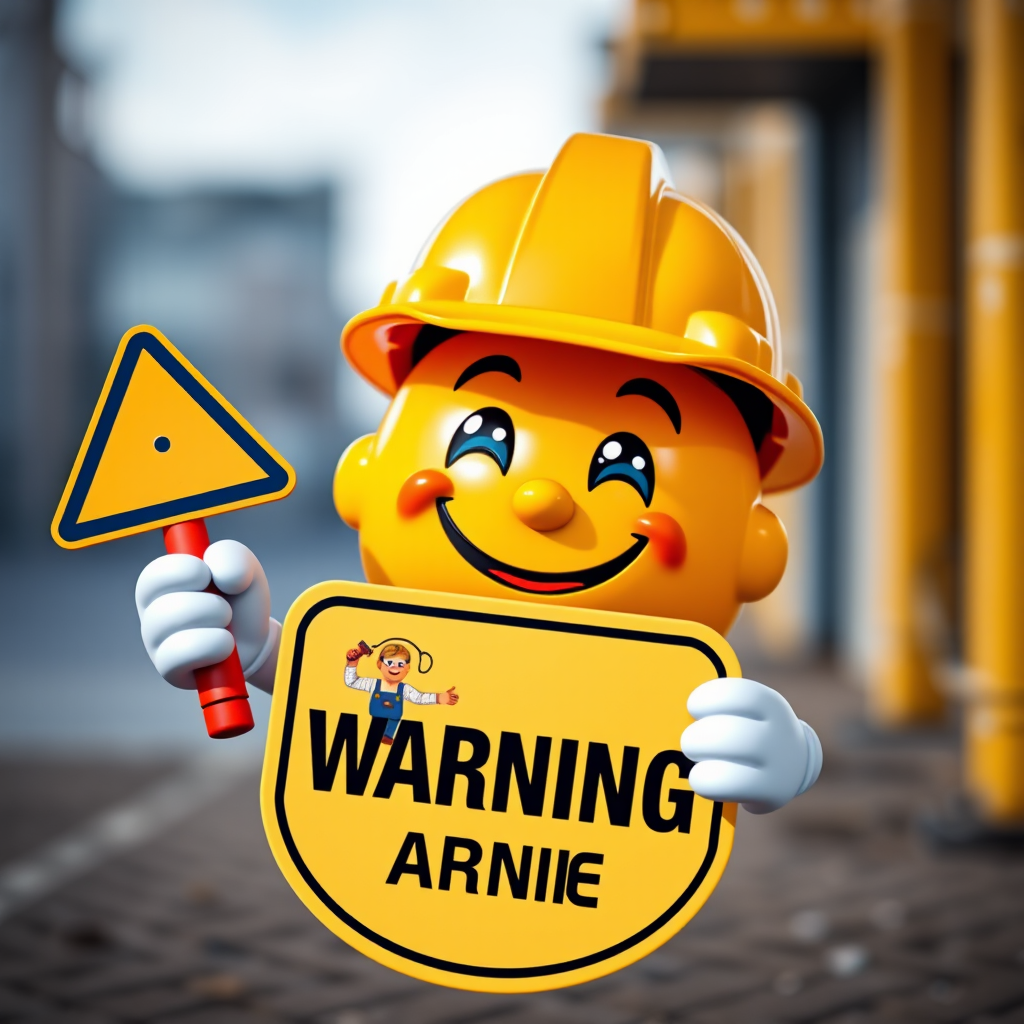 Create an image of a cheerful construction emoji holding a warning sign with a construction worker and a hammer, using a vibrant color palette, lens focus at f/2.8, captured with a DSLR camera, shot from a slight low angle to enhance depth, and utilize bright lighting for clarity.