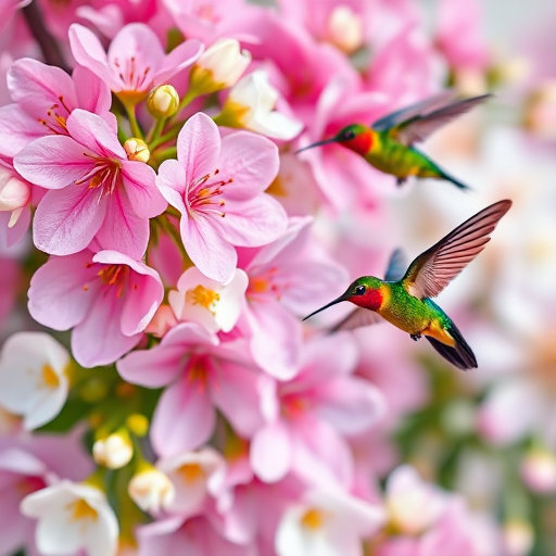 Create a vibrant floral arrangement featuring pink blossoms, white flowers, and colorful hummingbirds, with a soft-focus background, using a DSLR camera at f/2.8, ISO 100, 200mm lens, shot from a slightly above angle to capture depth and detail.