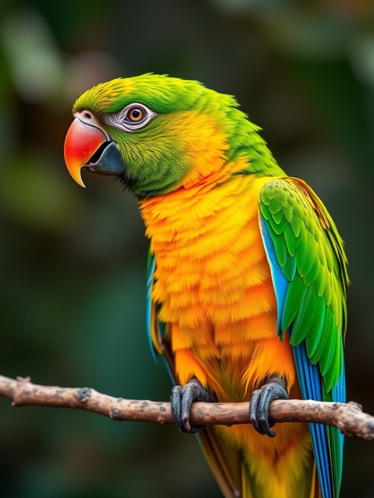 Colorful parrot perched on a branch, vibrant plumage, detailed botanical illustration, natural light, aperture f/2.8, shutter speed 1/200s, ISO 100, macro lens, DSLR camera.
