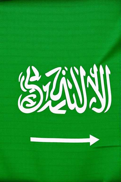Create a high-resolution image of the Saudi Arabian flag with detailed texture, using a DSLR camera with a 50mm lens, aperture set to f/1.8, ISO 100, and shot in natural daylight from a frontal view to enhance color vibrancy and clarity.