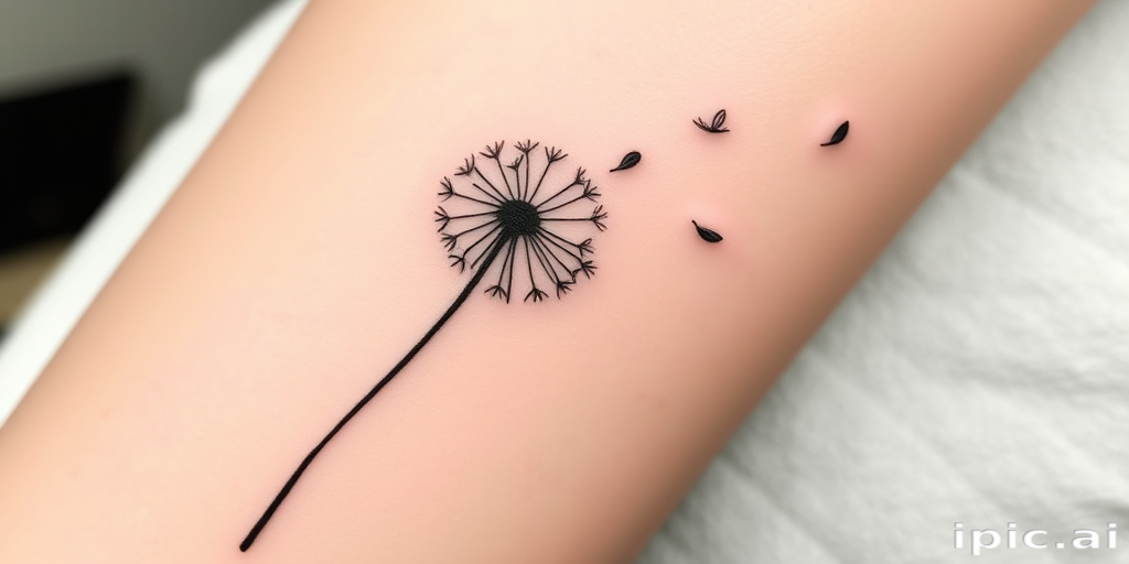 Minimalist fine line tattoo called "Whispered Memories" depicting a delicate silhouette of a dandelion with seeds floating away in the wind, rendered in ultra-thin black lines for a subtle and elegant effect