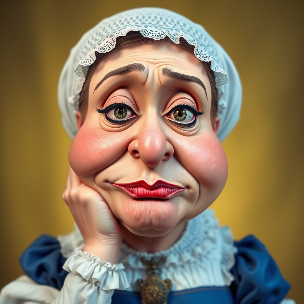 The image is a caricature of a woman with exaggerated features. She is wearing a white bonnet with lace trim and a white blouse with a blue bodice. She is leaning her chin on her hand with a bored or tired expression. Her lips are full and pouty, her cheeks are round and puffy, and her eyes are wide and slightly crossed. Her nose is long and thin, and her brows are furrowed. She is wearing a necklace with a large, ornate pendant. The background is a soft, blurry yellow. The overall effect is humorous and slightly grotesque.