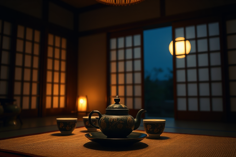 A traditional tea setting inside a dimly lit, Japanese-style room with shoji screens, featuring an intricately designed teapot and tea cups, warm ambient lighting with a moonlit backdrop outside the window, shot with a Canon EOS R5 at f/2.8, ISO 100, 35mm lens, using a soft focus for a cozy atmosphere and a slight vignette effect.