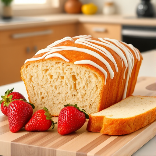 A freshly baked loaf of bread with a glossy icing drizzle sitting on a wooden cutting board accompanied by ripe red strawberries. The loaf is partially sliced to reveal its soft interior, with a bright and inviting kitchen background.