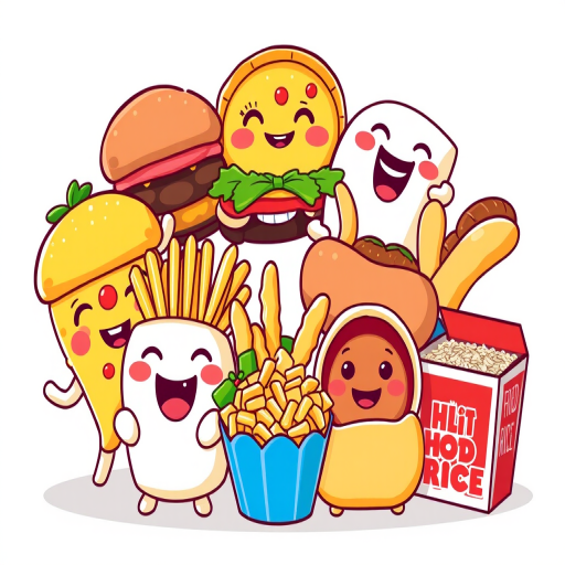 Create a colorful, high-resolution digital illustration of cute cartoon food characters including a smiling burger, a playful slice of pizza, happy tacos, cheerful French fries, joyful chicken wings, a friendly hot dog, adorable dumplings, and a delightful box of fried rice, with a soft-focus background, using digital art software, emulate a cartoon style, and ensure vibrant colors and crisp lines for each character.