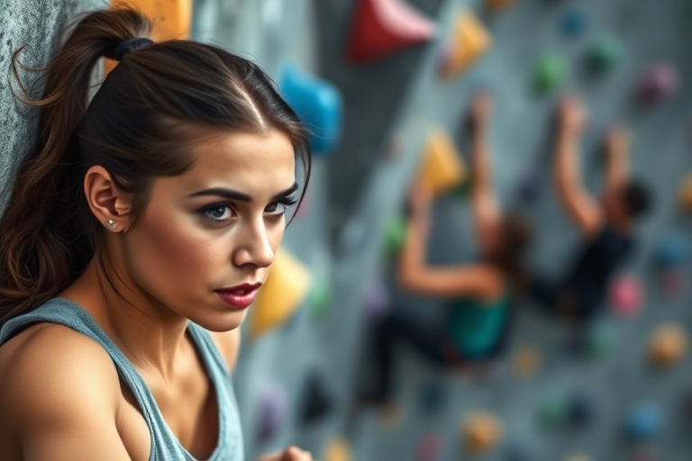 Blurry action shot of a woman climbing a rock wall, her determination visible on her face, with colorful holds and fellow climbers softly blurred in the background.
