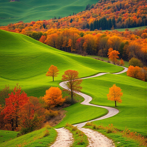 Generate a vibrant autumn landscape featuring rolling green hills, a winding dirt path, and trees with orange and yellow foliage, captured with a Canon EOS 5D Mark IV, f/8 aperture, ISO 100, 50mm lens, natural light, landscape orientation.