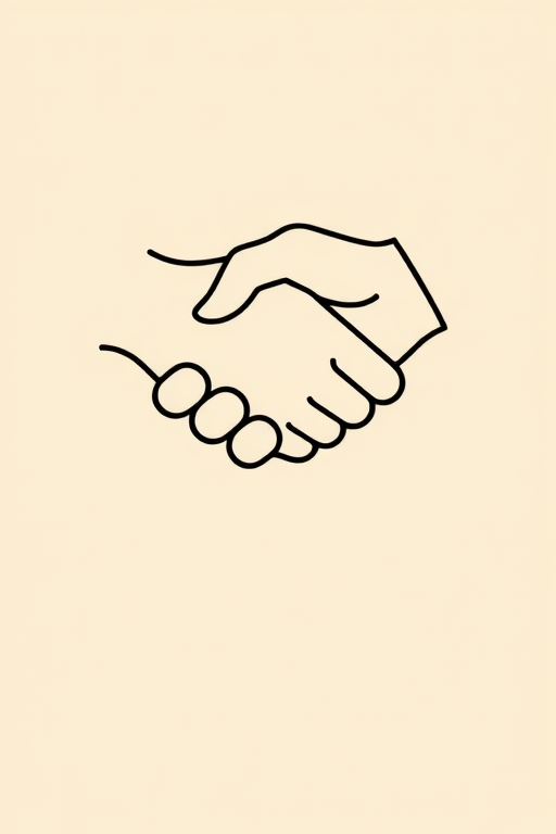 Create a digital illustration of two hands shaking, symbolizing support and collaboration, with bold black outlines on a light beige background, using a DSLR camera with a 50mm lens, aperture set to f/2.8, ISO 100, and in a flat lay style for a clean and even lighting effect.
