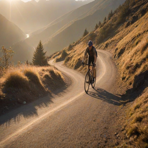 Blurry action shot of a cyclist navigating a winding mountain trail at sunrise, soft golden light casting long shadows, with distant peaks barely visible through the morning mist.