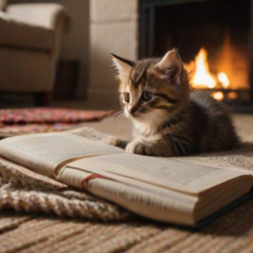Close-up of a kitten pawing at a ball of yarn in a cozy living room, soft light from a nearby fireplace casting warm shadows, with a plush blanket and book scattered on the floor.