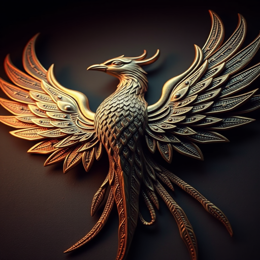 Create a detailed illustration of a stylized phoenix with intricate feather designs, utilizing a Canon EOS R5 camera, f/8 aperture, 50mm lens, ISO 100, in high dynamic range, with a dramatic lighting setup to emphasize the texture and shine of the metallic elements.