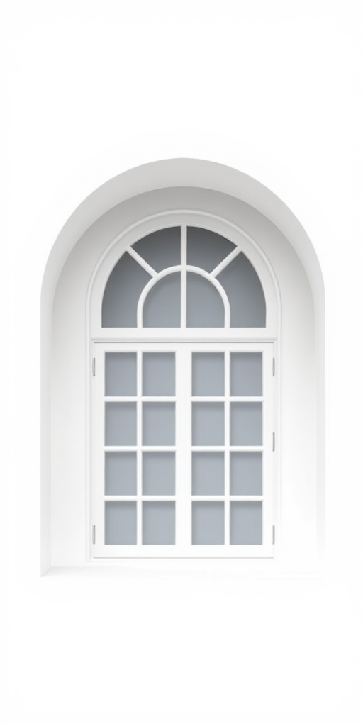 Regenerate an image of a simple arched window design with a clean white background, use a DSLR camera, aperture f/5.6, shutter speed 1/125 sec, ISO 100, shot from a front view, in a minimalistic style.