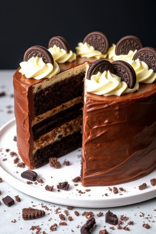A delicious chocolate cake with layers of creamy frosting and Oreo cookies on top, featuring a slice cut out to reveal the chocolate layers inside, presented on a white plate with cookie crumbs around it, against a dark background.