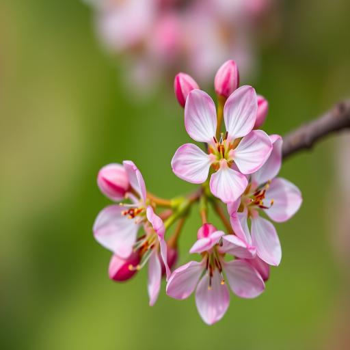 macro shot of pink and white blossoms on a green background with a shallow depth of field, f/2.8 aperture, 1/200 second shutter speed, ISO 100, using a DSLR camera in natural light with a 100mm macro lens