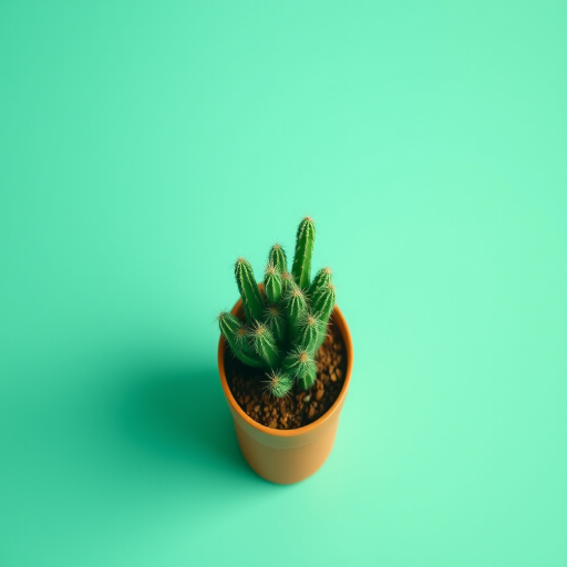 A vibrant green cactus in a terracotta pot against a solid mint green background, photographed with a Canon EOS R5 at f/2.8, ISO 100, 50mm lens, natural light, top-down view, minimalistic style.