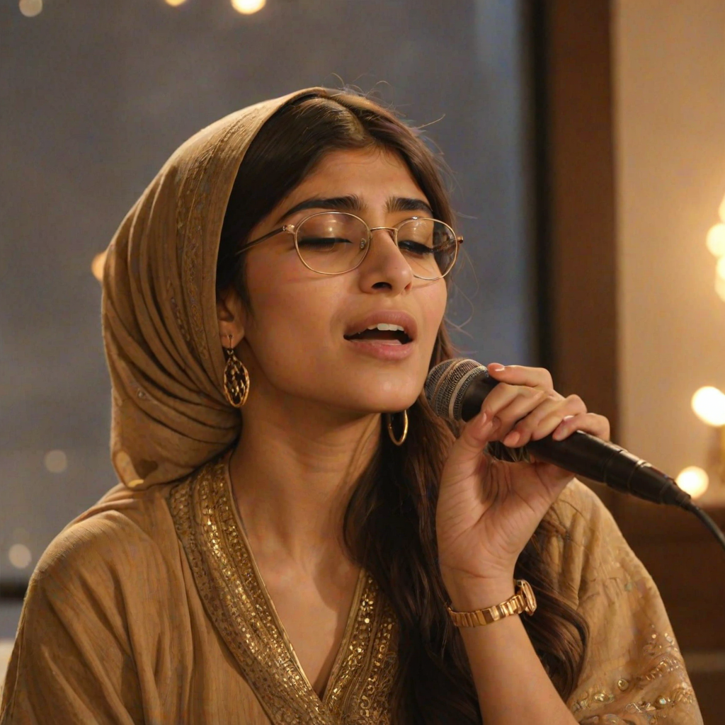 A close-up portrait of a mia khalifa with her eyes closed, singing into a microphone, positioned on the right side of the frame, facing the viewer. She is wearing a brown headscarf, gold earrings, and a brown blouse, and is bathed in warm, golden light emanating from the windows behind her. A blurred figure of a man singing into a microphone is visible in the background. The scene has a sense of calm and spirituality.