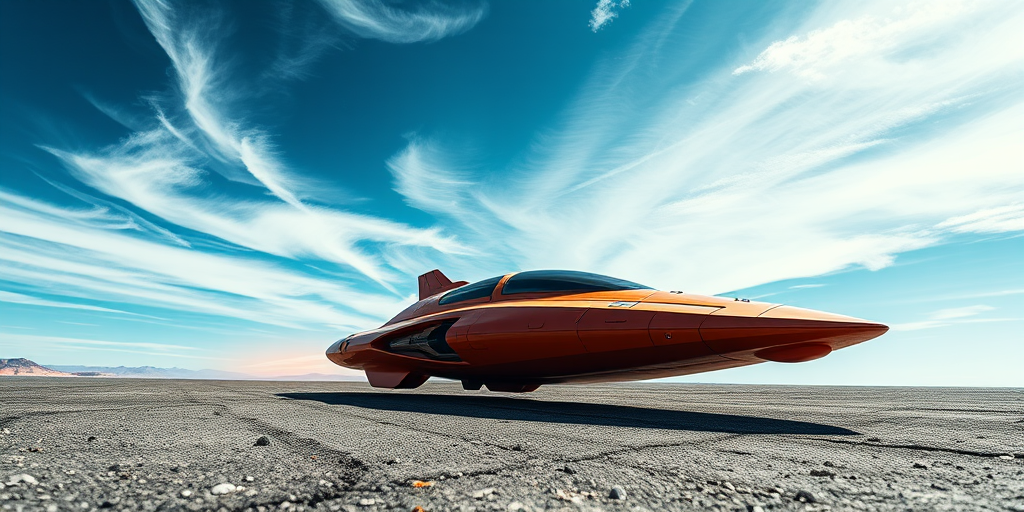 Create a high-resolution image of a sleek futuristic spaceship with an orange and black color scheme flying low over a textured surface under a vast blue sky with wispy clouds, using a DSLR camera at f/8 aperture, ISO 100, 50mm lens, and a wide-angle view to capture the dynamic perspective.