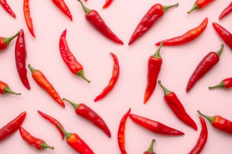 create a repeating pattern of red chili peppers on a soft pink background, high resolution, 50mm lens, f/5.6 aperture, 1/125 sec shutter speed, DSLR camera, top-down view, vibrant colors and sharp focus