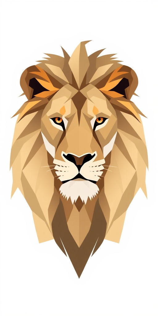 Create a low-poly style lion head illustration with a modern geometric design, using soft beige and taupe colors, captured in a high-resolution format with a Canon EOS R5 at f/2.8, 50mm lens, with a clean white background for contrast and sharp details.