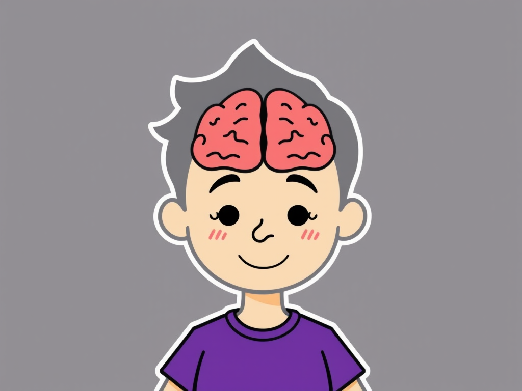 Create a cartoon character with a stylized gray outline, showing a figure with a visible brain, wearing a purple shirt, in a simple flat design, captured with a Canon EOS 5D Mark IV, using an aperture of f/4, ISO 200, at a 50mm lens, top-down view for a fun and vibrant appearance.