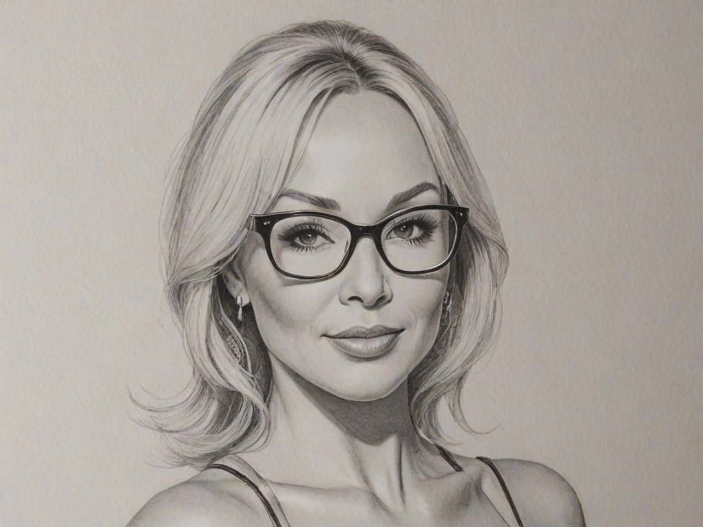 Enticing Kristina Rihanoff, pencil sketch, portrait of Superb woman 1963s in glasses, hair style beatnik, outline, clear lines, fine lines, 8k
