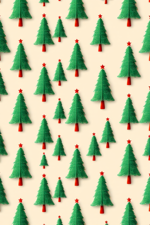 Create a seamless pattern of green and red Christmas trees on a beige background, capturing vibrant colors and sharp details with a Canon EOS R5 camera, 50mm lens at f/8, ISO 100, 1/125s, using natural light for enhanced clarity.