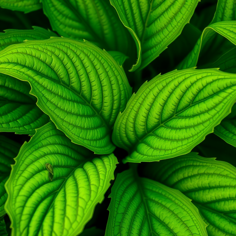 Regenerate a vibrant close-up image of lush hosta leaves with intricate textures and variations in green hues, captured with a macro lens on a full-frame DSLR camera, aperture f/2.8, shutter speed 1/200s, ISO 100, soft natural lighting for enhanced depth and detail.