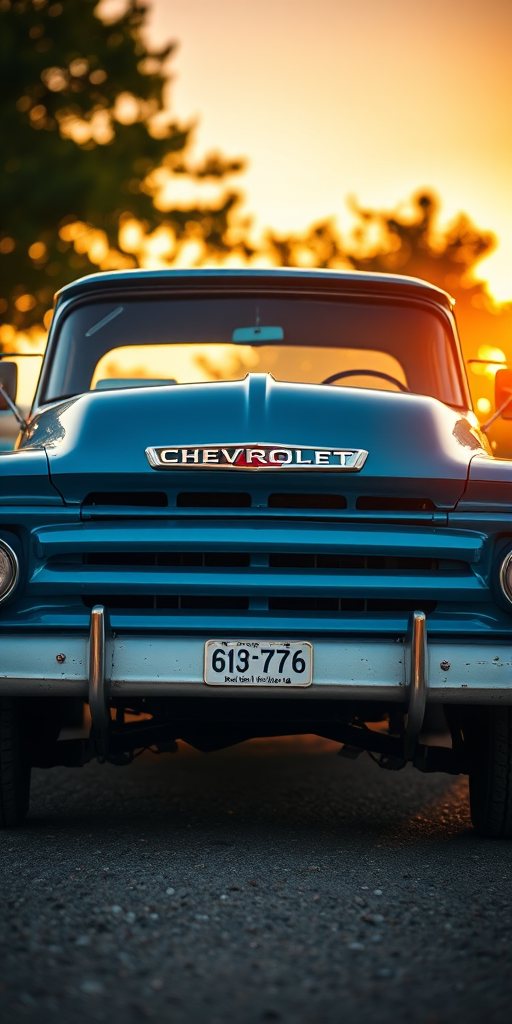 Capture a low-angle view of a vintage blue Chevrolet pickup truck facing forward during golden hour, with a shallow depth of field to emphasize the truck's details, using a DSLR camera with a 50mm lens, aperture set to f/2.8, ISO 100, and shutter speed 1/200s.
