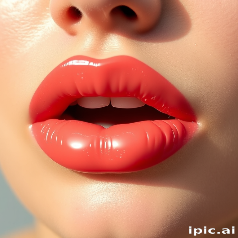 Sheer coral lip oil imparts a subtle tint and glossy finish, highlighting the lips' natural texture and creating a fresh, effortless appearance