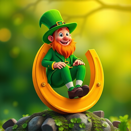 Create a vibrant illustration of a leprechaun sitting on a large golden horseshoe, using bright green and gold colors, soft focus, 50mm lens, f/1.8 aperture, ISO 100, natural lighting, and vibrant colors to enhance image quality.