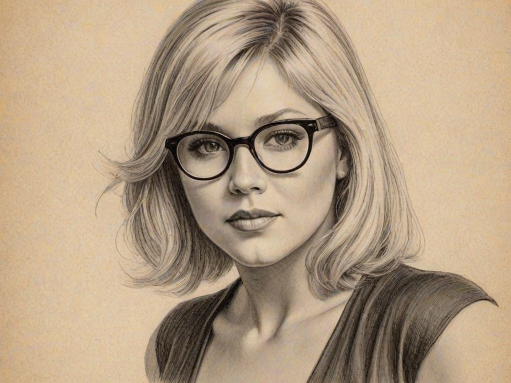 Radiant Samantha Fox, pencil sketch, portrait of Appealing woman 1931s in glasses, hair style beatnik, outline, clear lines, fine lines, 8k