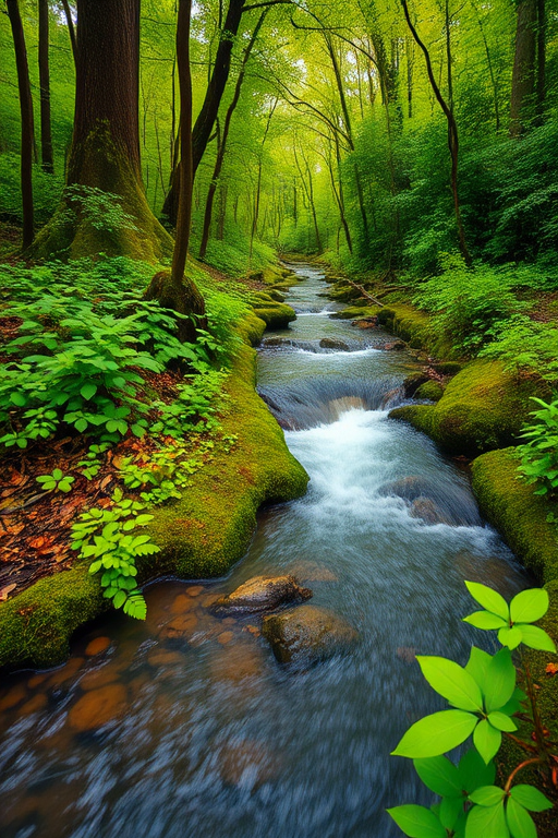 Capture a vibrant forest stream scene with lush green foliage and flowing water, settings: aperture f/8, shutter speed 1/125, ISO 200, camera view: landscape, camera style: vivid colors, camera type: DSLR.