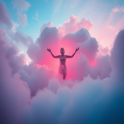 create a mystical figure emerging from colorful, ethereal clouds with vibrant pinks, purples, and blues, using a Canon EOS R5 with a 24mm f/1.4 lens, aperture at f/2.8, shutter speed 1/125s, ISO 100, shot at a low angle to enhance the sense of wonder and depth