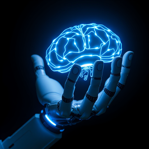 A futuristic robotic hand holding a glowing, interconnected brain, illuminated with blue and white lights, against a dark gradient background, shallow depth of field, 50mm lens, aperture f/1.8, ISO 100, HDR photography.